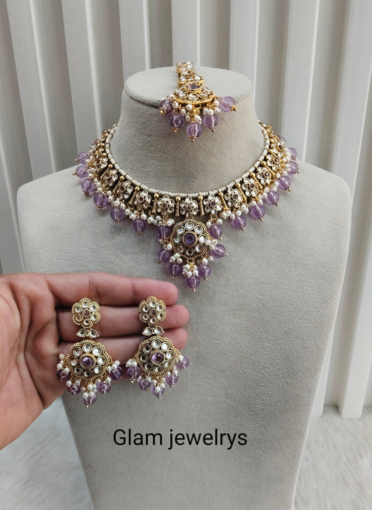 Lavender Gold Kundan Necklace Indian Jewellery Surya Set