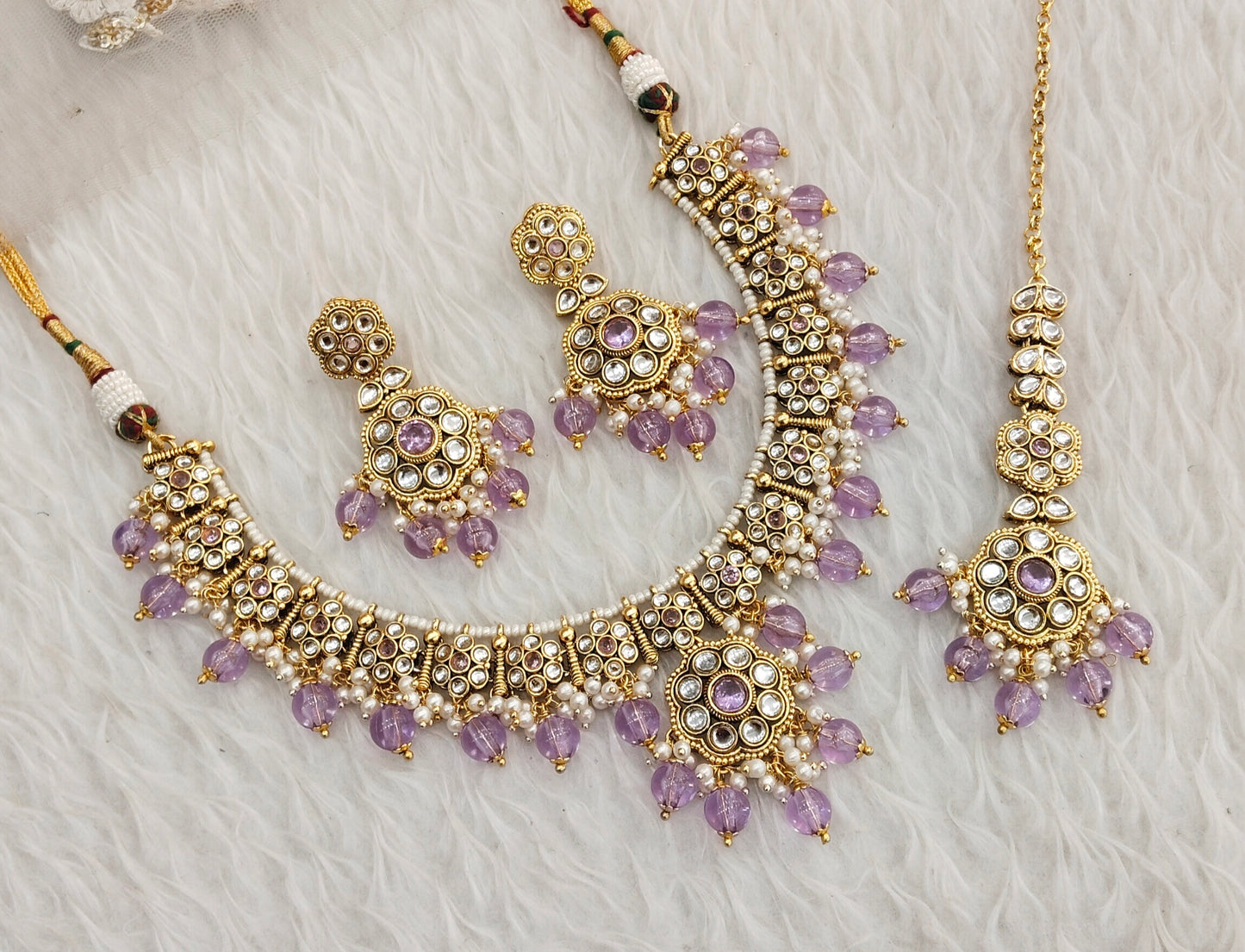 Lavender Gold Kundan Necklace Indian Jewellery Surya Set