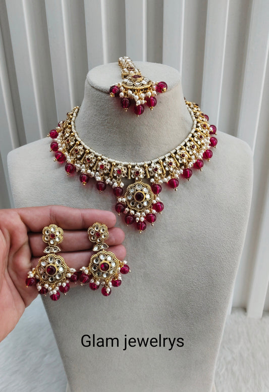 Majenta Gold Kundan Necklace Indian Jewellery Surya Set