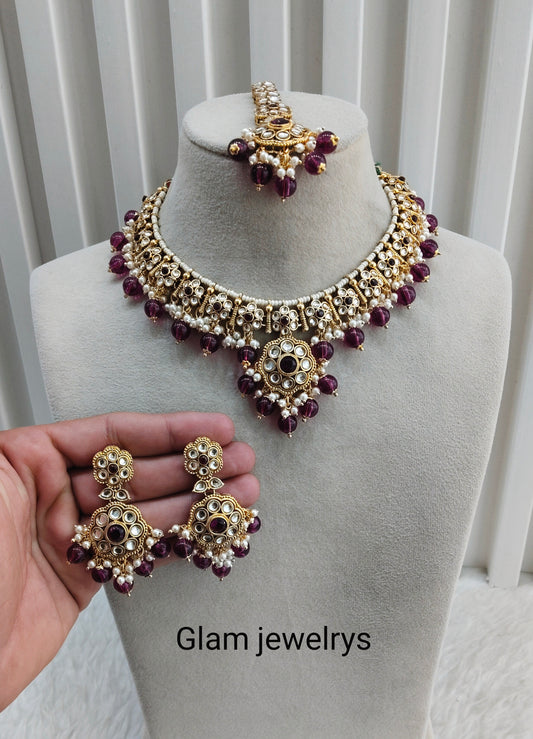 Purple Gold Kundan Necklace Indian Jewellery Surya Set