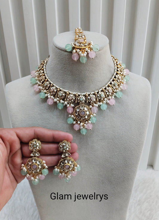 Mint Pink Gold Kundan Necklace Indian Jewellery Surya Set