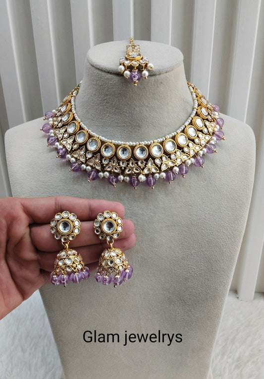 Lavender Gold Kundan Necklace Indian Jewellery Ricky Set