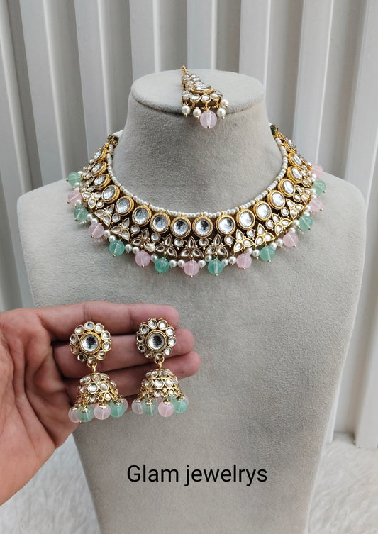 Mint Pink Gold Kundan Necklace Indian Jewellery Ricky Set