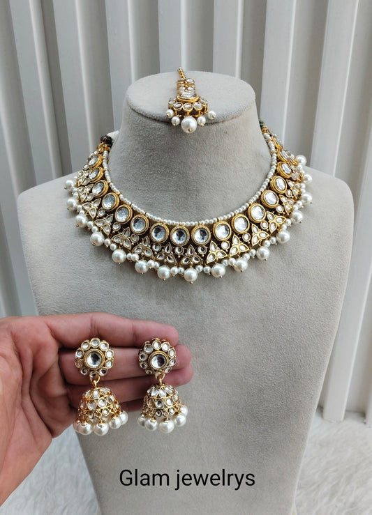 White Gold Kundan Necklace Indian Jewellery Ricky Set