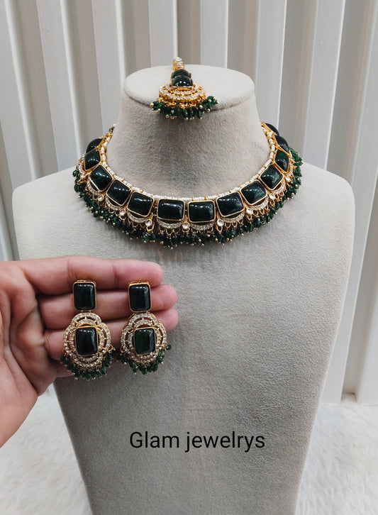 Green Gold Monalisa Kundan Necklace Indian Jewellery Rock Set