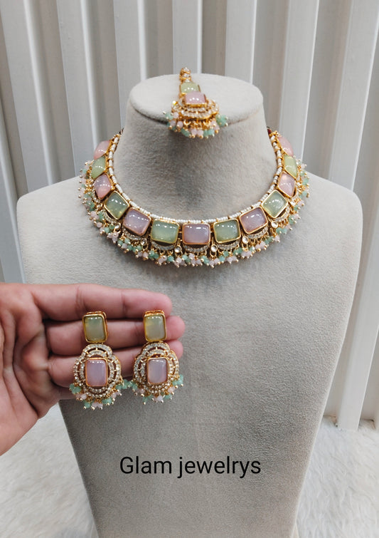 Mint Pink Gold Monalisa Kundan Necklace Indian Jewellery Rock Set