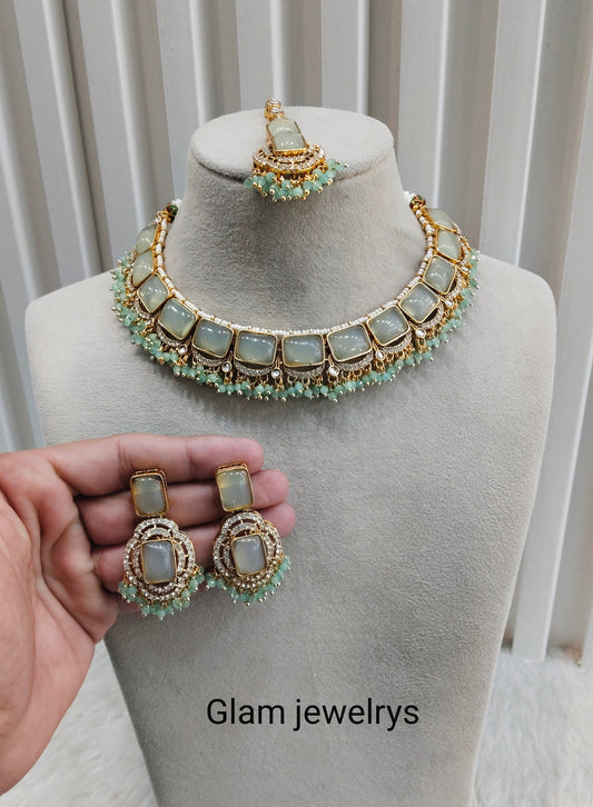 Pastel Green Gold Monalisa Kundan Necklace Indian Jewellery Rock Set