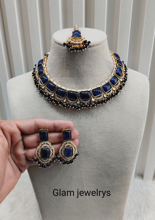 Blue Gold Monalisa Kundan Necklace Indian Jewellery Rock Set