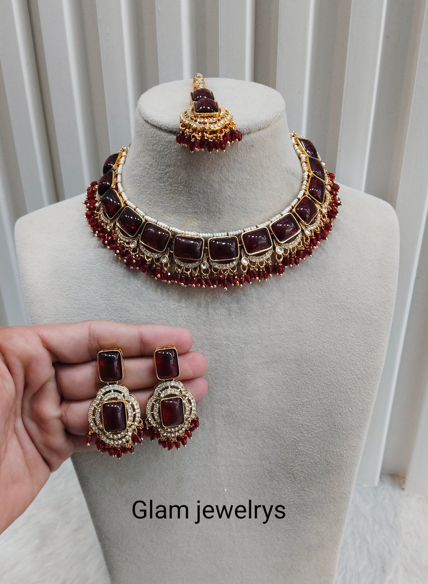 Maroon Gold Monalisa Kundan Necklace Indian Jewellery Rock Set