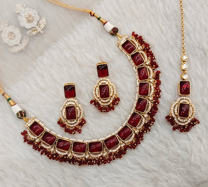 Maroon Gold Monalisa Kundan Necklace Indian Jewellery Rock Set