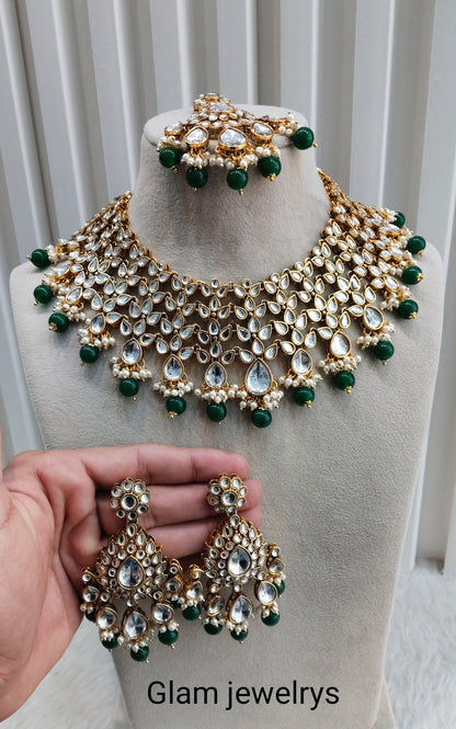 Green Gold Kundan Necklace Indian Jewellery Rishab Set