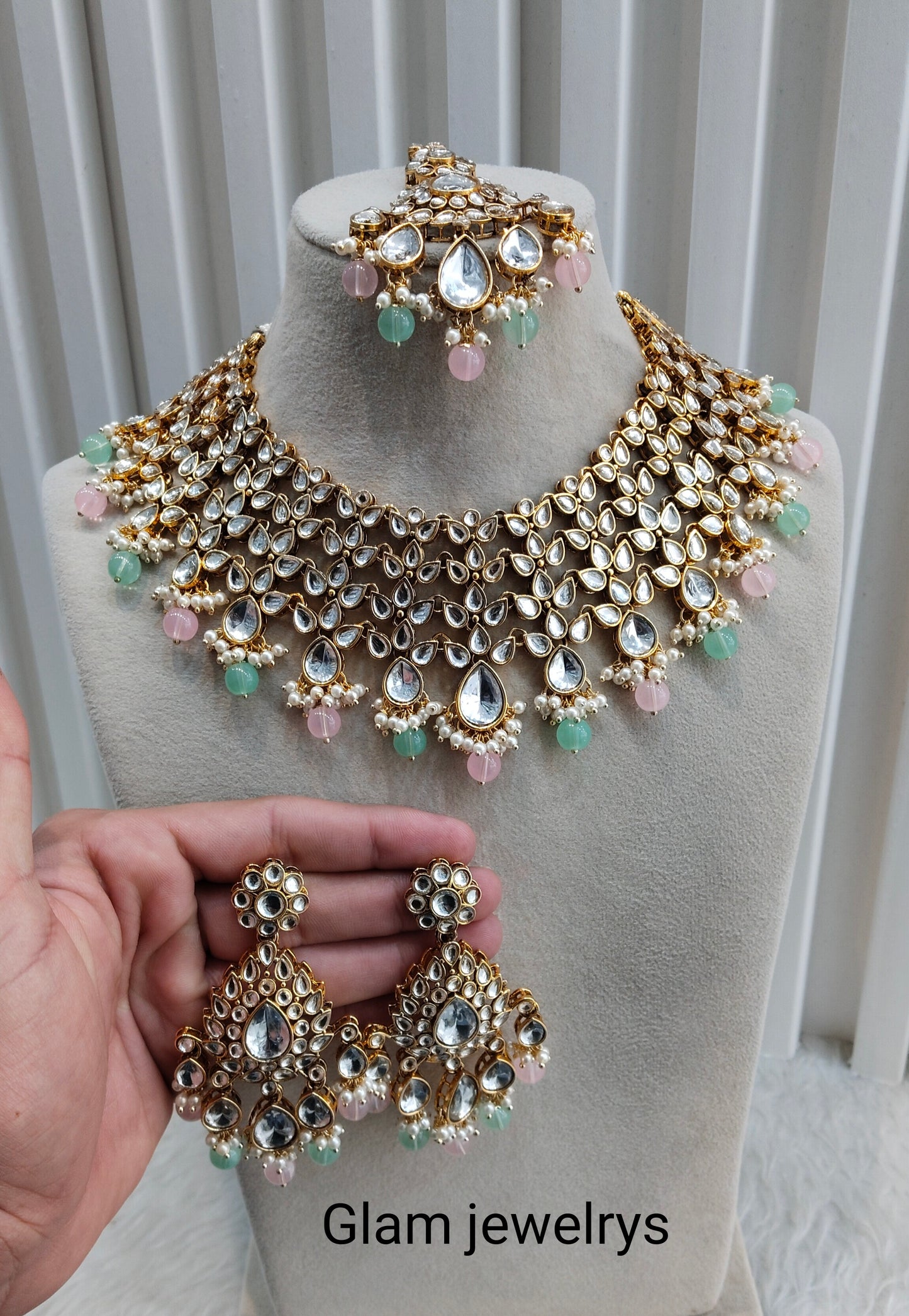 Mint Pink Gold Kundan Necklace Indian Jewellery Rishab Set