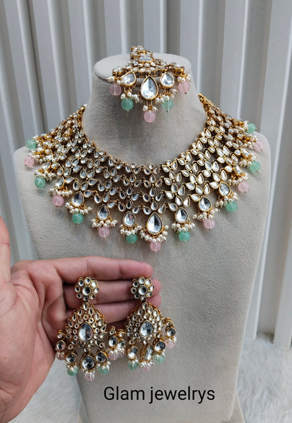 Mint Pink Gold Kundan Necklace Indian Jewellery Rishab Set