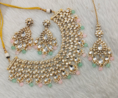 Mint Pink Gold Kundan Necklace Indian Jewellery Rishab Set