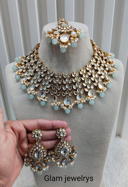 Sea Green Gold Kundan Necklace Indian Jewellery Rishab Set