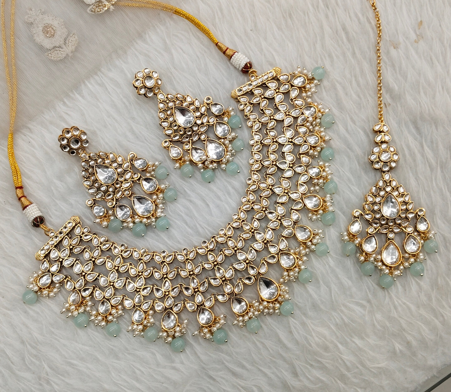 Sea Green Gold Kundan Necklace Indian Jewellery Rishab Set