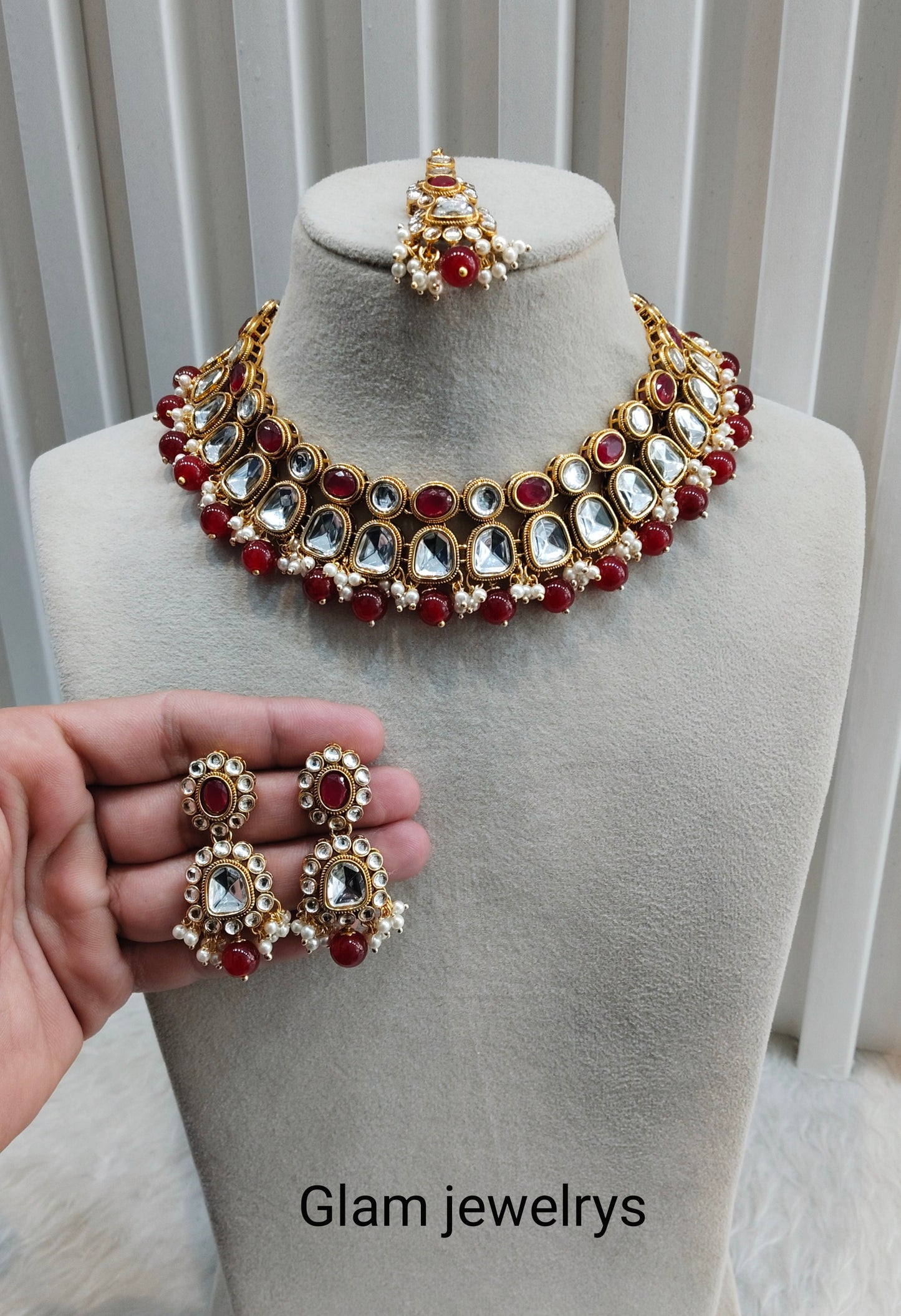 Maroon Gold Kundan Necklace indian Jewellery Rishi Set