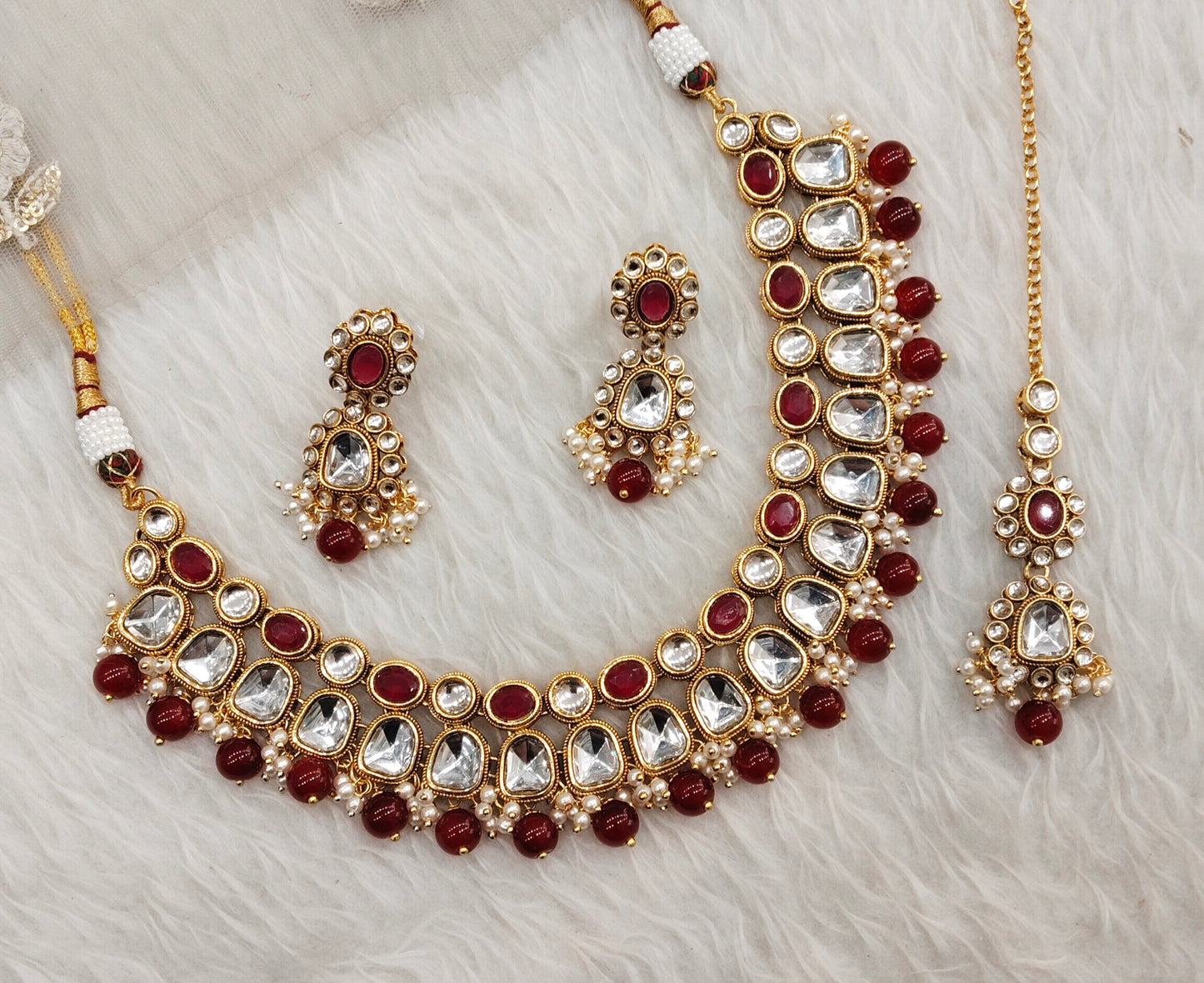 Maroon Gold Kundan Necklace indian Jewellery Rishi Set