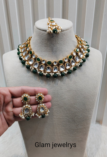 Green Gold Kundan Necklace indian Jewellery Rishi Set