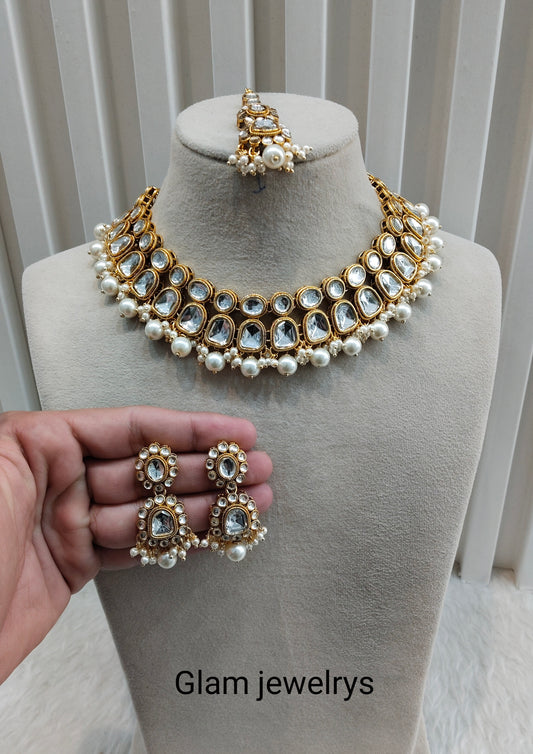 White Gold Kundan Necklace indian Jewellery Rishi Set