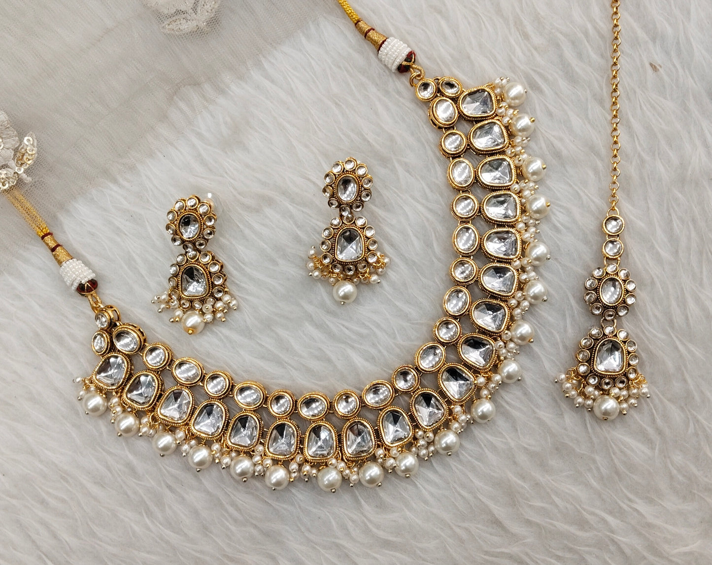 White Gold Kundan Necklace indian Jewellery Rishi Set