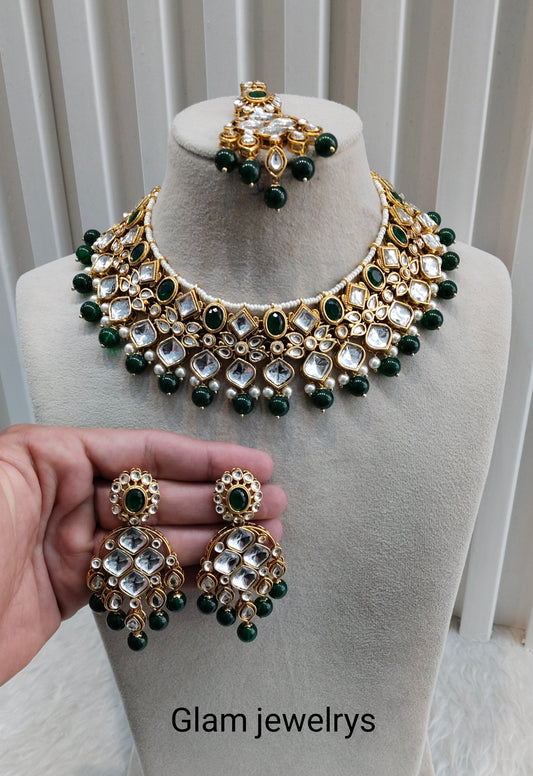 Green Gold Kundan Necklace Indian Jewellery Rishi Set