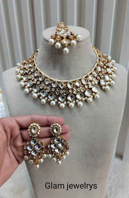 White Gold Kundan Necklace Indian Jewellery Rishi Set