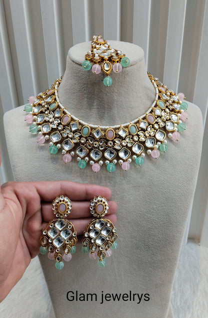 Mint Pink Gold Kundan Necklace Indian Jewellery Rishi Set