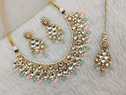 Mint Pink Gold Kundan Necklace Indian Jewellery Rishi Set