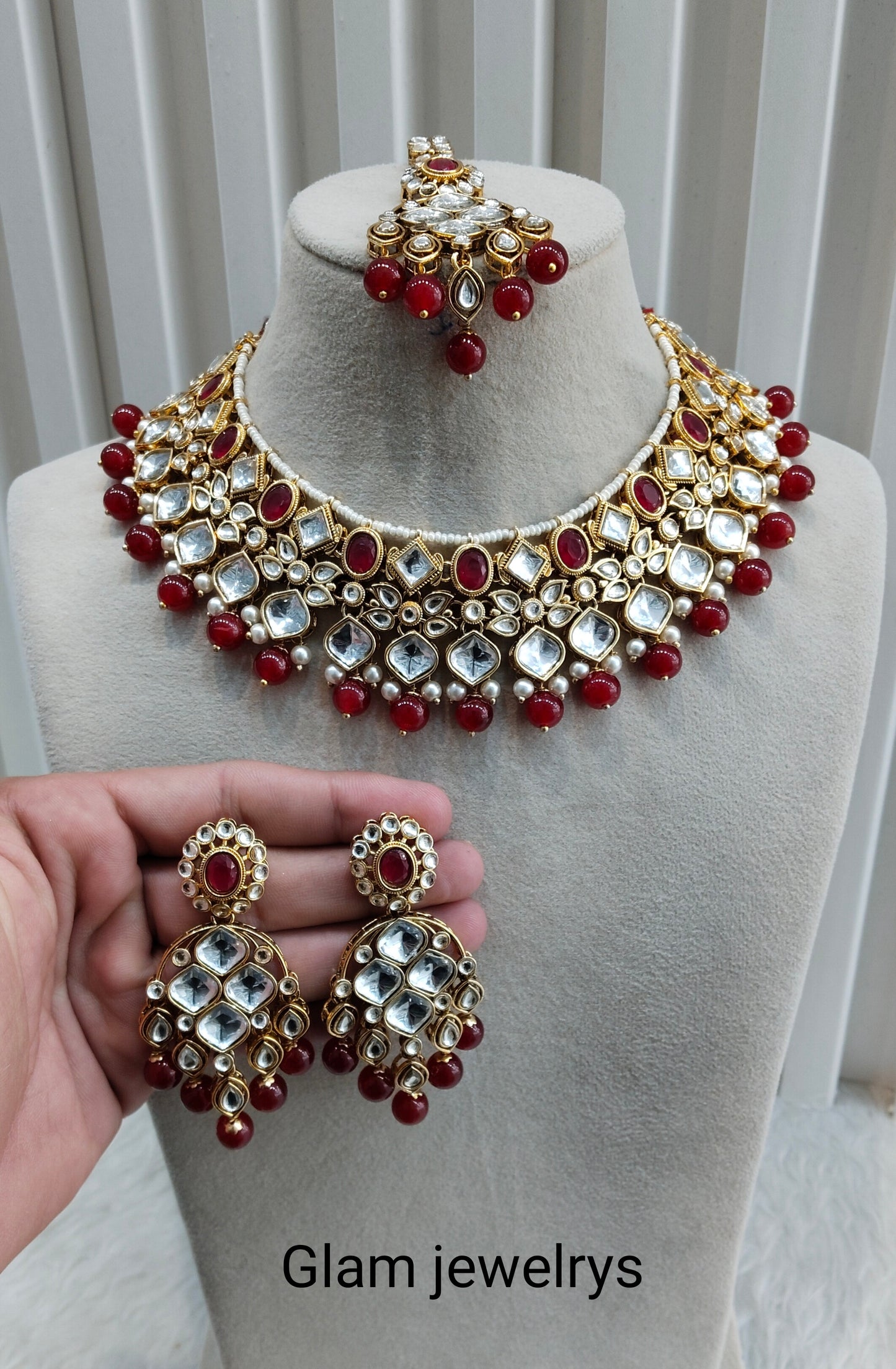 Maroon Gold Kundan Necklace Indian Jewellery Rishi Set