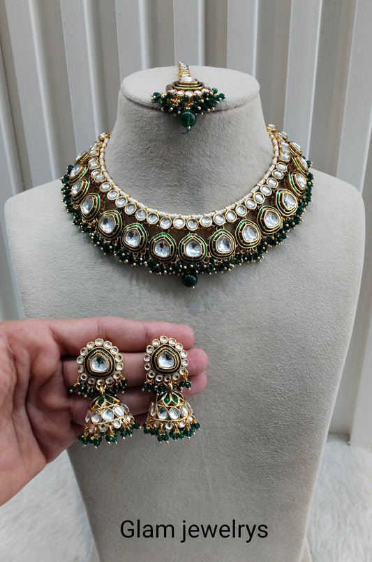 Green Gold Kundan Necklace Indian Jewellery Resham Set