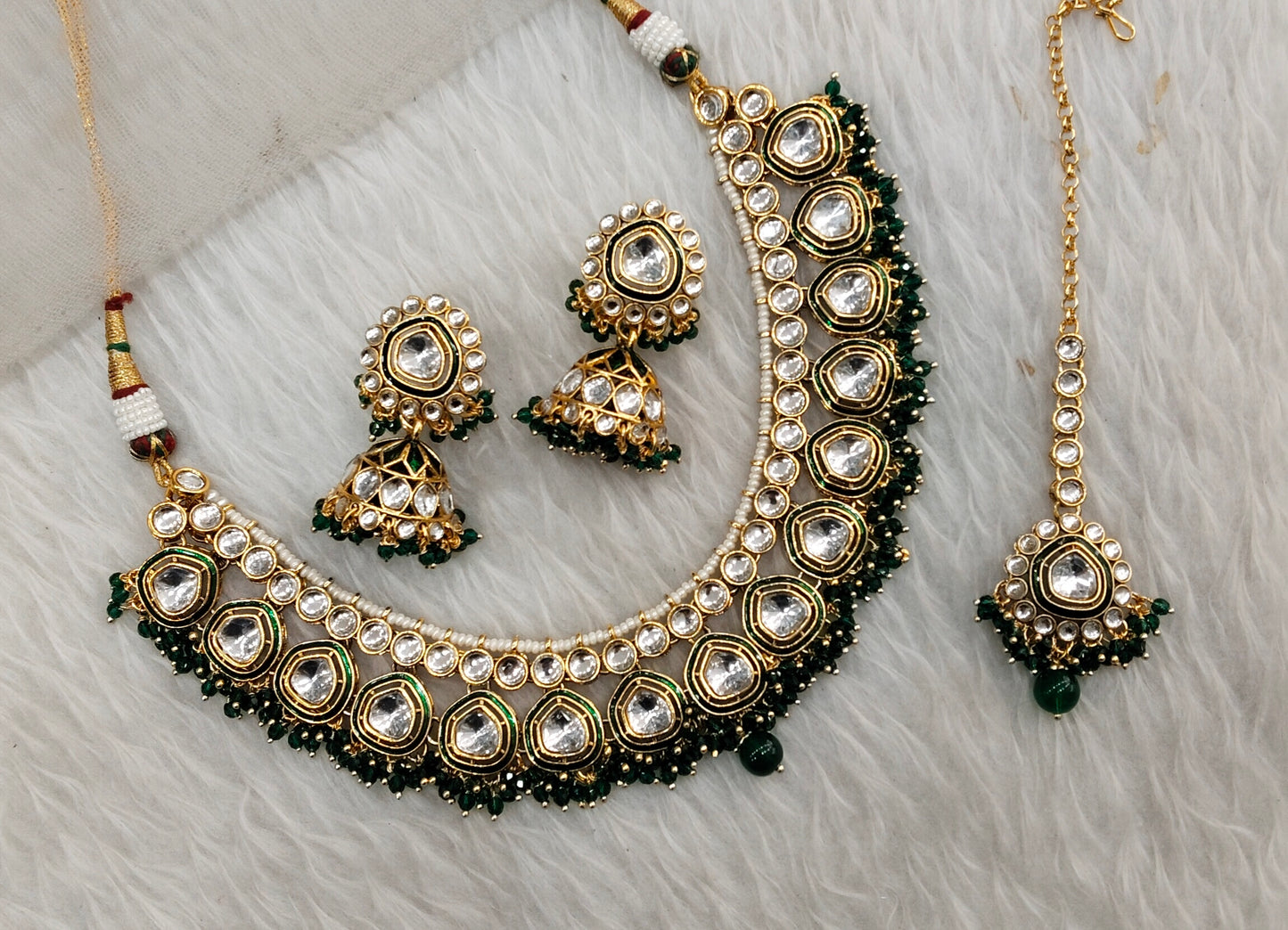 Green Gold Kundan Necklace Indian Jewellery Resham Set