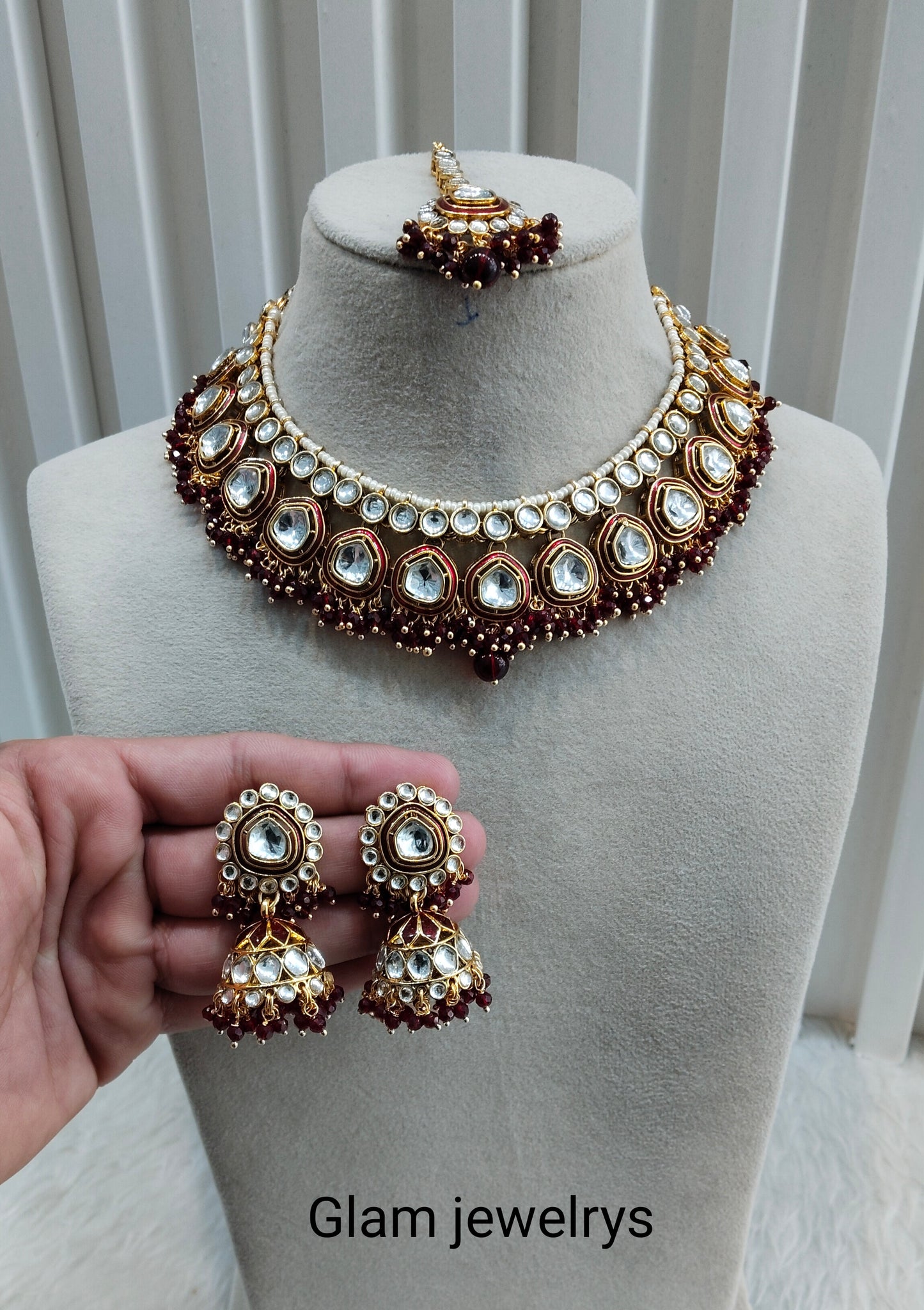 Maroon Gold Kundan Necklace Indian Jewellery Resham Set