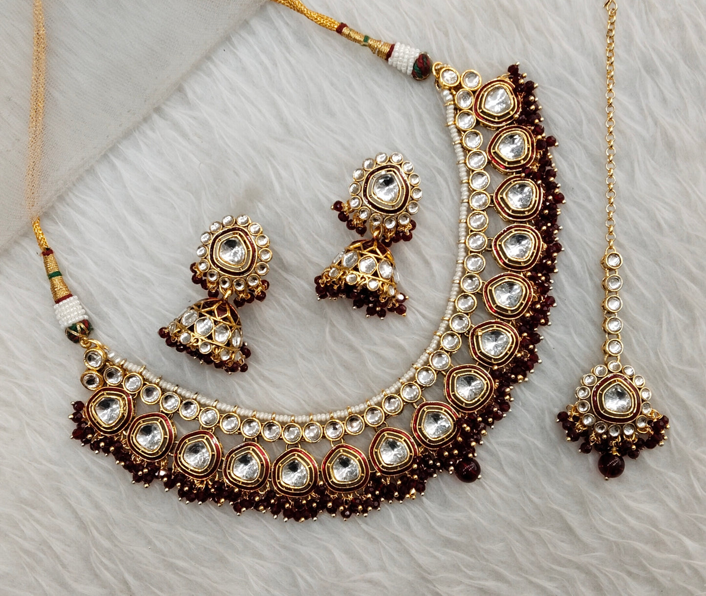 Maroon Gold Kundan Necklace Indian Jewellery Resham Set