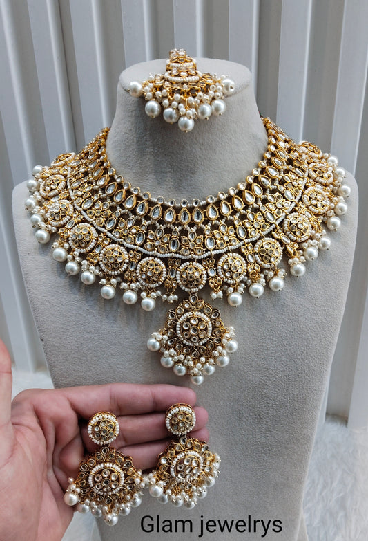 White Gold Kundan Necklace Indian Jewellery Resham Set