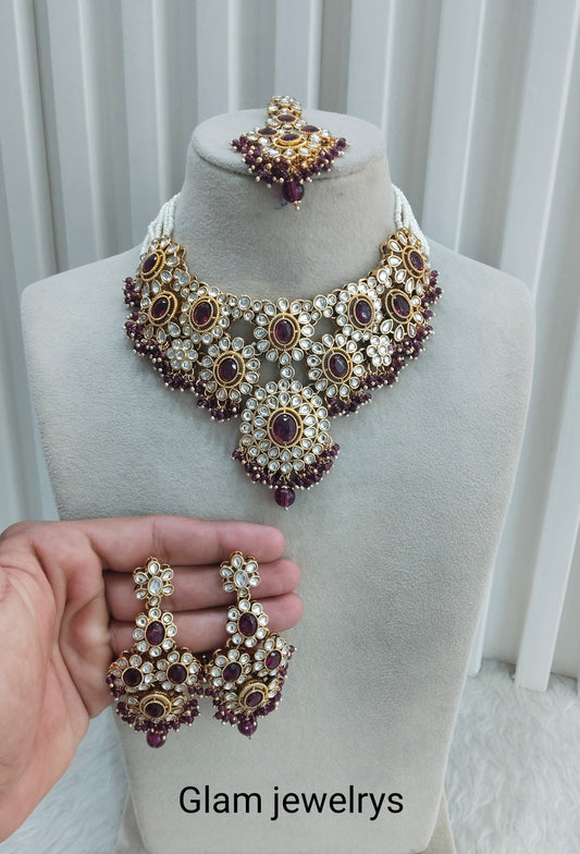 Purple Gold Kundan Necklace Indian Jewellery Ritika Set