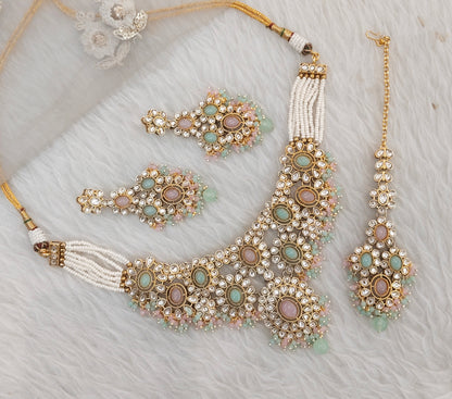 Mint Pink Gold Kundan Necklace Indian Jewellery Ritika Set