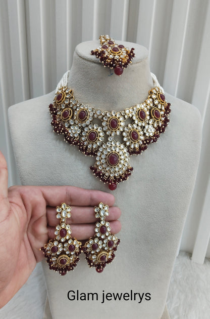 Maroon Gold Kundan Necklace Indian Jewellery Ritika Set