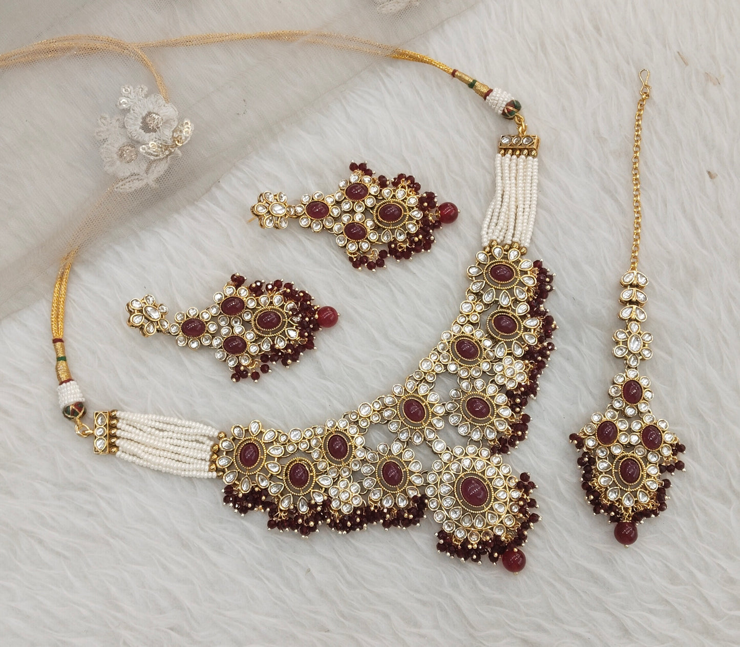 Maroon Gold Kundan Necklace Indian Jewellery Ritika Set