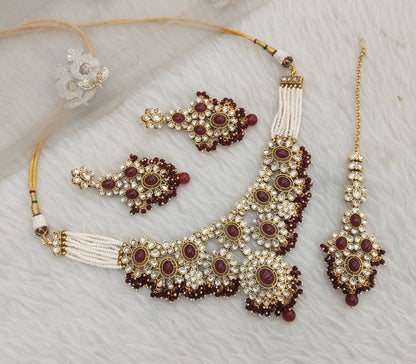 Maroon Gold Kundan Necklace Indian Jewellery Ritika Set