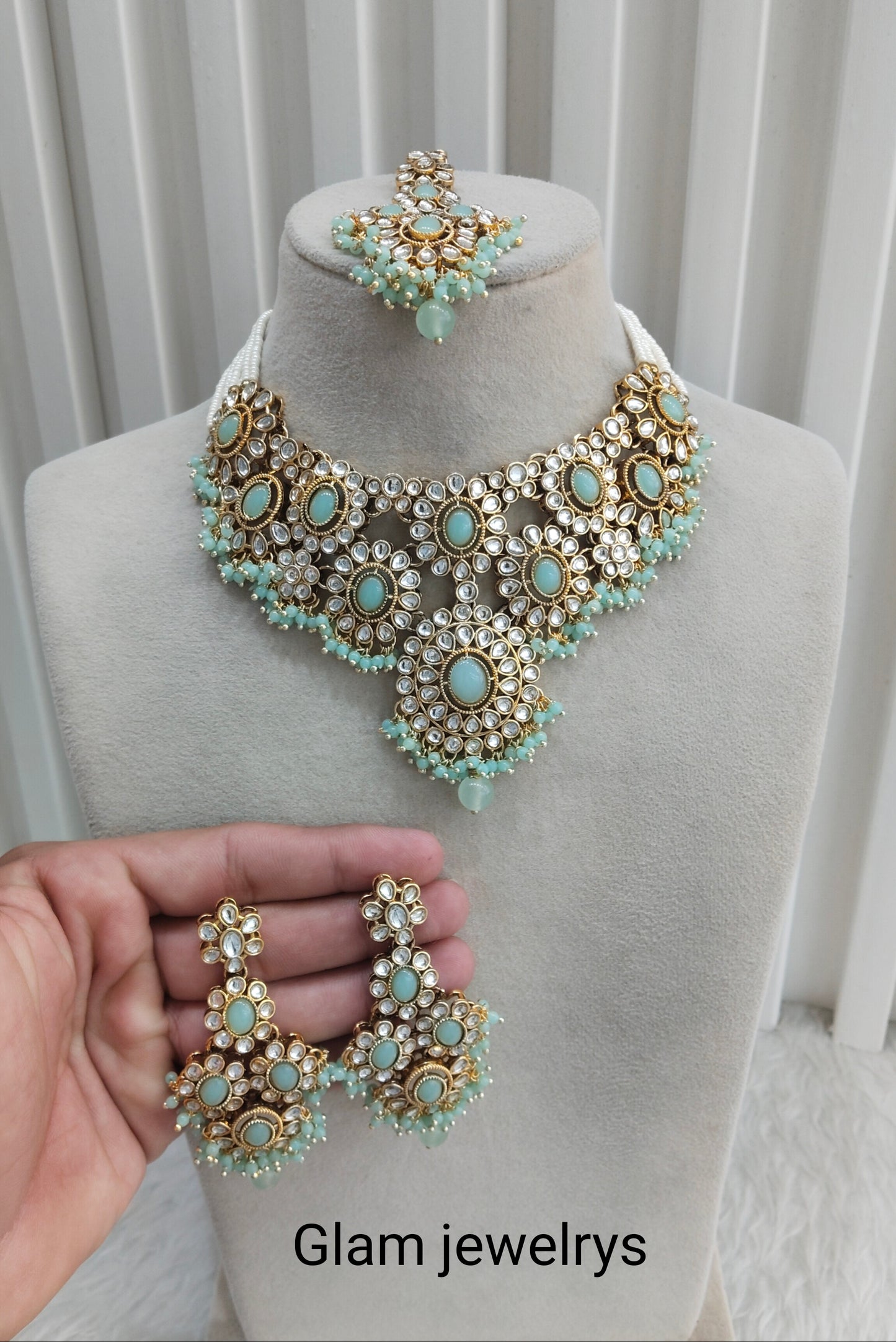 Pastel Green Gold Kundan Necklace Indian Jewellery Ritika Set