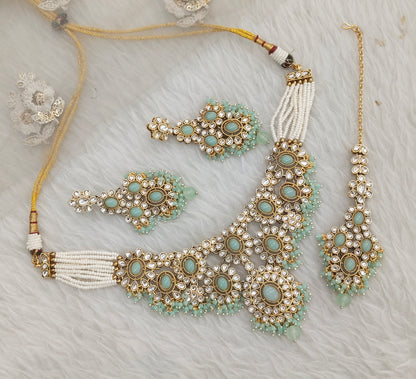 Pastel Green Gold Kundan Necklace Indian Jewellery Ritika Set