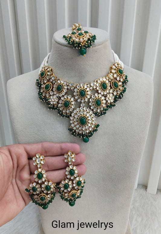 Green Gold Kundan Necklace Indian Jewellery Ritika Set