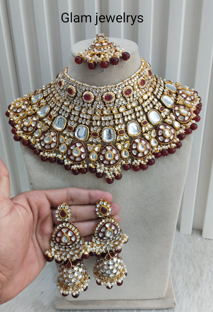 Maroon Gold Bridal Kundan Necklace Indian Jewellery Raju Set