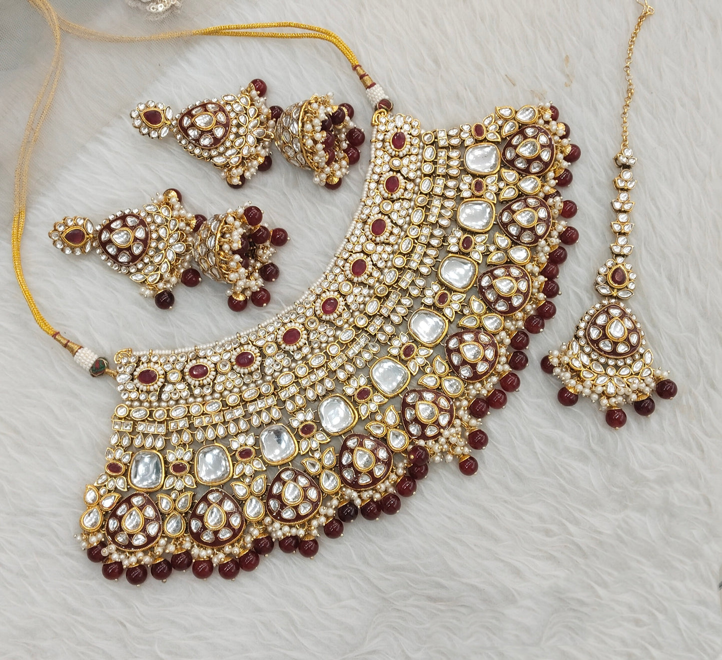 Maroon Gold Bridal Kundan Necklace Indian Jewellery Raju Set