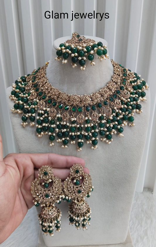 Green Antique Gold Bridal Necklace Indian Jewellery Raju Set