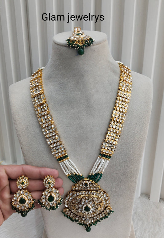 Green Gold Kundan Long Rani Haar Necklace Indian Jewellery Rekha Set