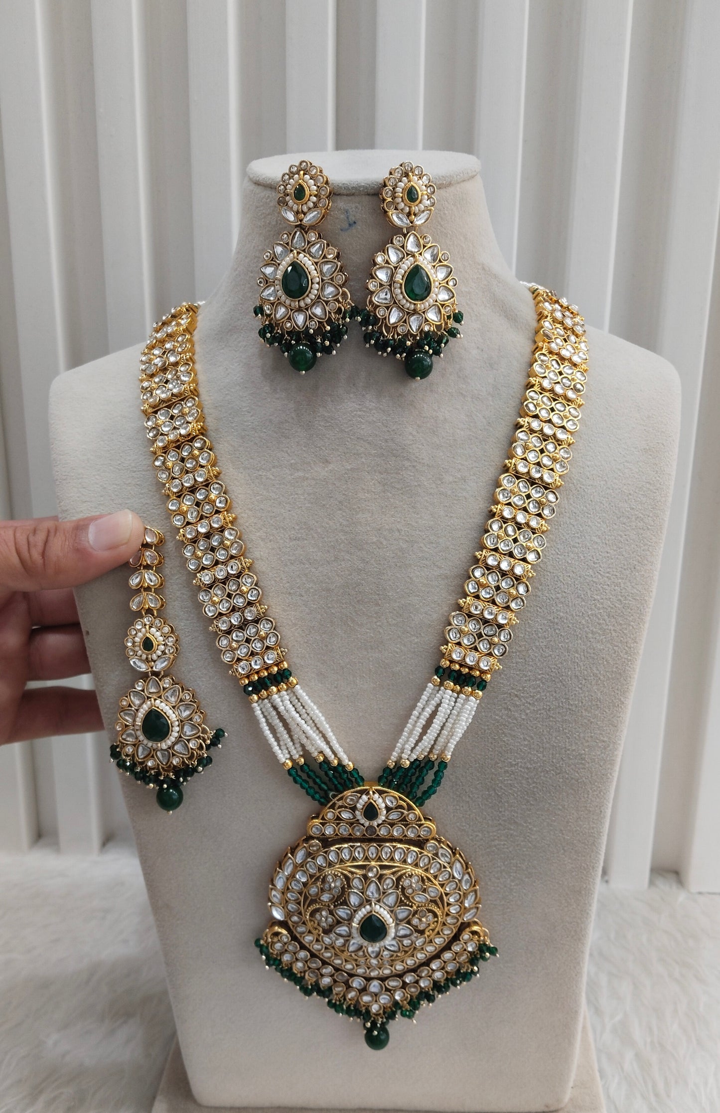 Green Gold Kundan Long Rani Haar Necklace Indian Jewellery Rekha Set