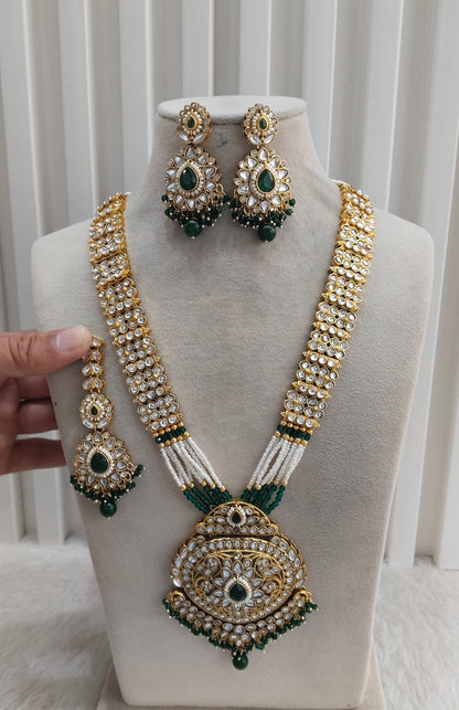 Green Gold Kundan Long Rani Haar Necklace Indian Jewellery Rekha Set