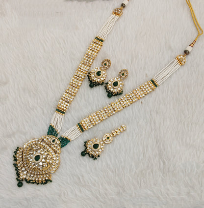 Green Gold Kundan Long Rani Haar Necklace Indian Jewellery Rekha Set